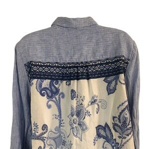 Charter Club Women's M Blue White Striped Paisley Mixed Media Linen Button Down